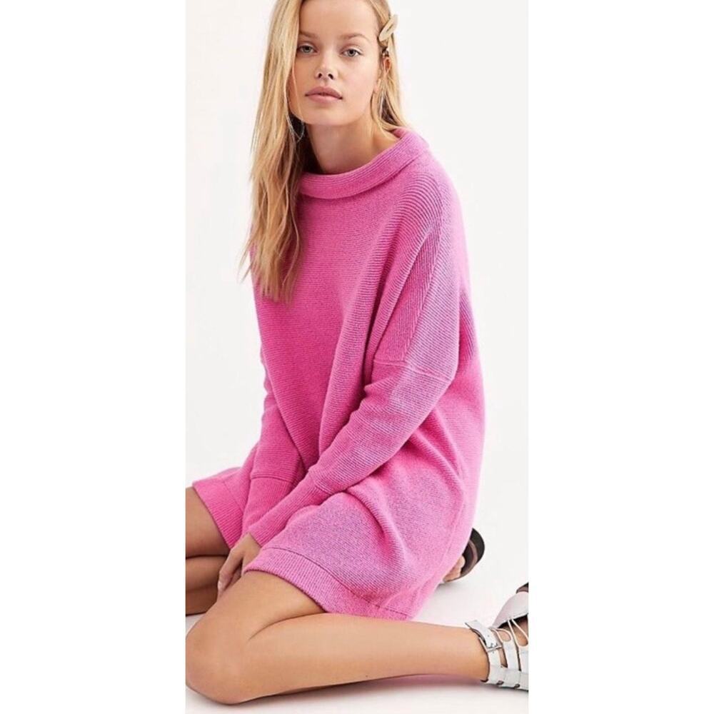 Free People Pink Mockneck Oversized Sweater Ribbed Slouchy Size Small